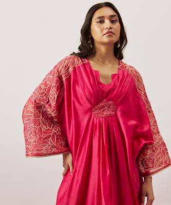 Pink pure handwoven chanderi, zariorganza kaftan 2