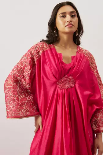 Pink pure handwoven chanderi, zariorganza kaftan