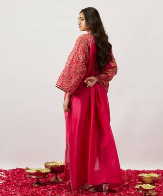 Pink pure handwoven chanderi, zariorganza kaftan 3