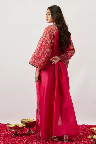 Pink pure handwoven chanderi, zariorganza kaftan
