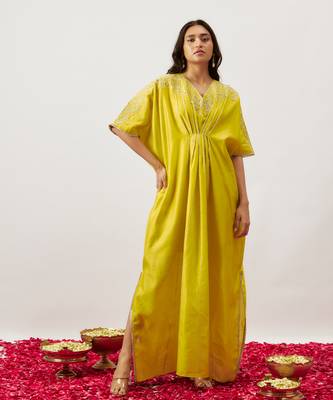 Lime green pure handwoven chanderi, zariorganza kaftan 1