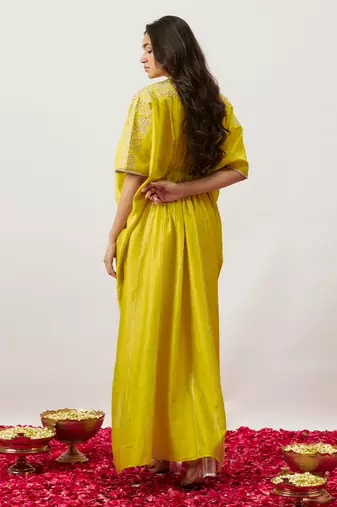 Lime green pure handwoven chanderi, zariorganza kaftan