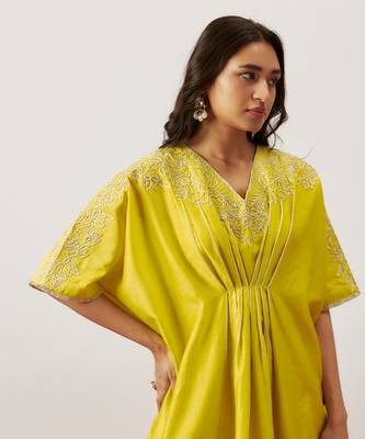 Lime green pure handwoven chanderi, zariorganza kaftan 3
