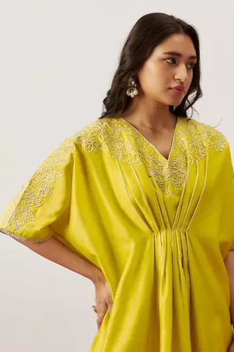 Lime green pure handwoven chanderi, zariorganza kaftan