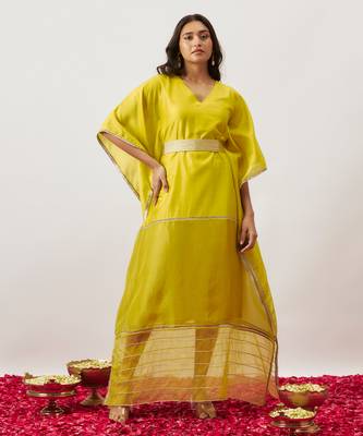 Lime green pure handwoven chanderi, zariorganza kaftan 1