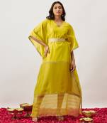 Lime green pure handwoven chanderi, zariorganza kaftan