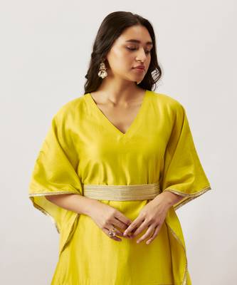 Lime green pure handwoven chanderi, zariorganza kaftan 2