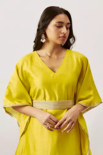 Lime green pure handwoven chanderi, zariorganza kaftan