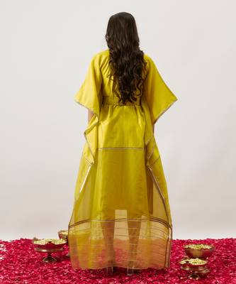 Lime green pure handwoven chanderi, zariorganza kaftan 3