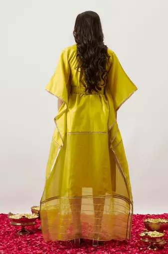 Lime green pure handwoven chanderi, zariorganza kaftan