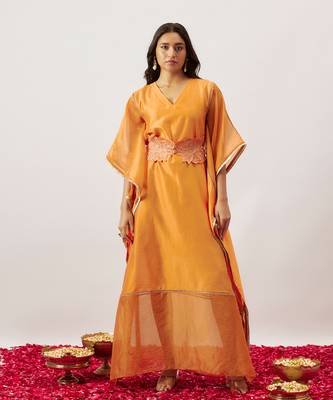 Orange pure handwoven chanderi, zariorganza kaftan 1