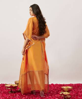 Orange pure handwoven chanderi, zariorganza kaftan 2