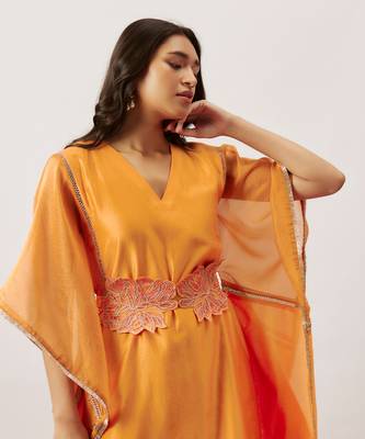 Orange pure handwoven chanderi, zariorganza kaftan 3