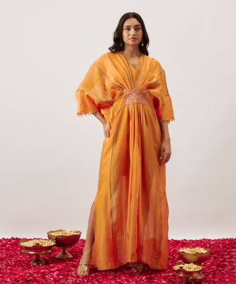 Orange pure handwoven chanderi, zariorganza kaftan 1