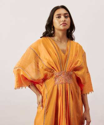 Orange pure handwoven chanderi, zariorganza kaftan 3
