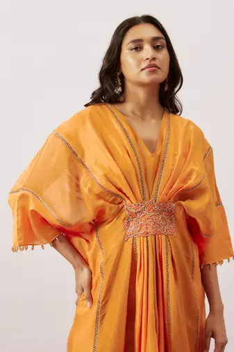 Orange pure handwoven chanderi, zariorganza kaftan