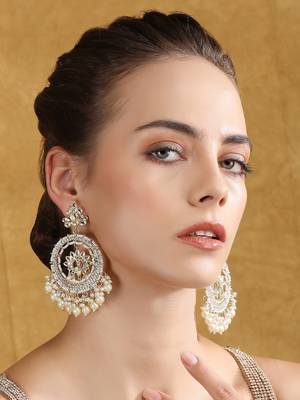 Gold-plated kundan & pearl chandbali earrings 1