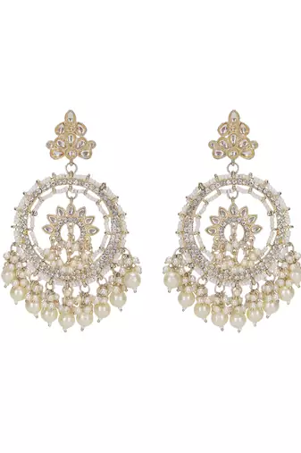 Gold-plated kundan & pearl chandbali earrings