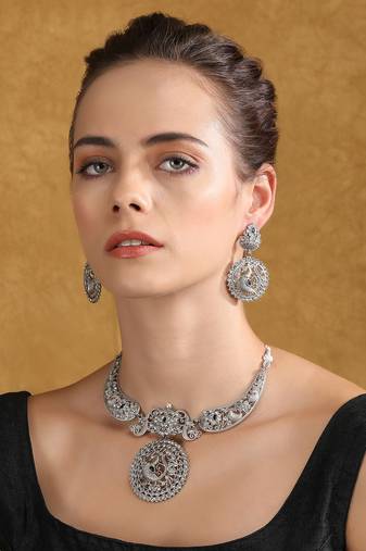Antique silver peacock necklace set with intricate filigree work