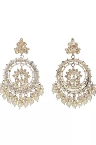Gold-plated kundan & pearl chandbali earrings