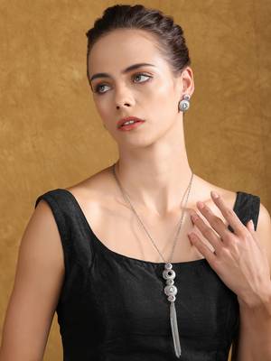 Elegant silver tassel pendant necklace set with crystal & gemstone accents 1