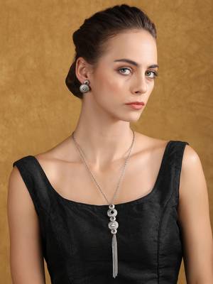 Elegant silver tassel pendant necklace set with crystal & gemstone accents 2