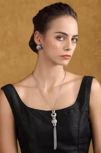 Elegant silver tassel pendant necklace set with crystal & gemstone accents