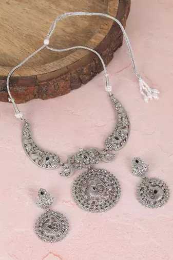 Antique silver peacock necklace set with intricate filigree work