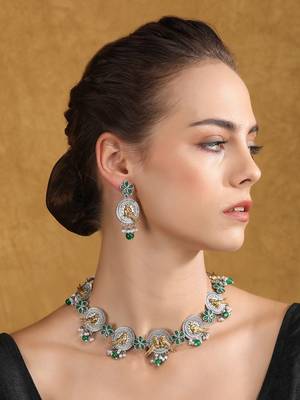 Dual-tone bird motif necklace set with green enamel & pearl drops 1
