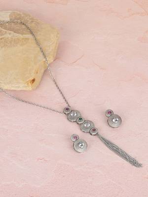 Elegant silver tassel pendant necklace set with crystal & gemstone accents 3