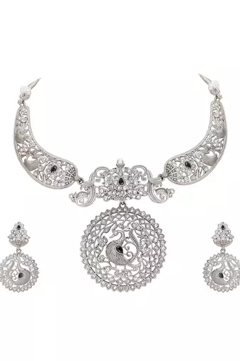 Antique silver peacock necklace set with intricate filigree work