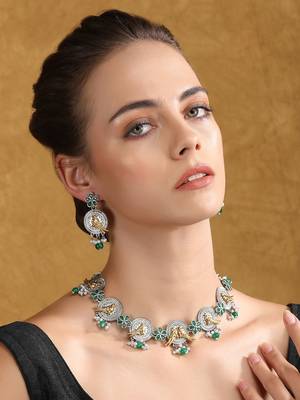 Dual-tone bird motif necklace set with green enamel & pearl drops 2