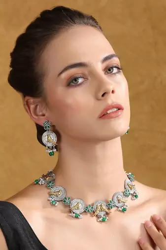 Dual-tone bird motif necklace set with green enamel & pearl drops