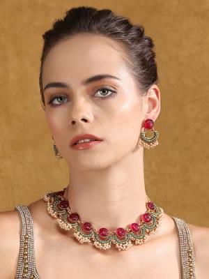 Antique gold-plated carved ruby & green enamel necklace set with pearl drops 1