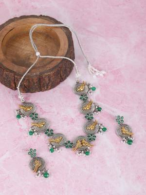 Dual-tone bird motif necklace set with green enamel & pearl drops 3