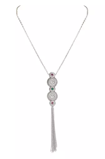 Elegant silver tassel pendant necklace set with crystal & gemstone accents
