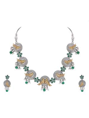 Dual-tone bird motif necklace set with green enamel & pearl drops 4