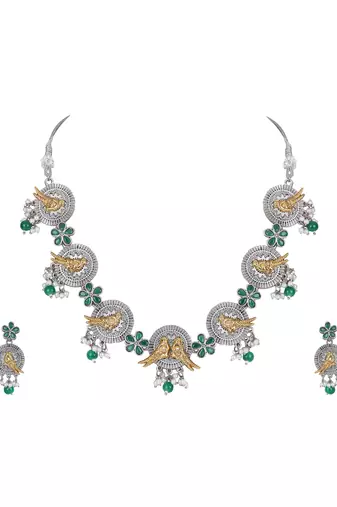 Dual-tone bird motif necklace set with green enamel & pearl drops