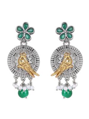 Dual-tone bird motif necklace set with green enamel & pearl drops 5