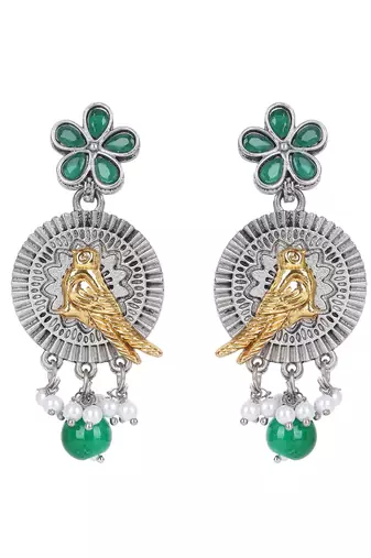 Dual-tone bird motif necklace set with green enamel & pearl drops