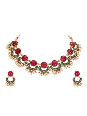 Antique gold-plated carved ruby & green enamel necklace set with pearl drops 4