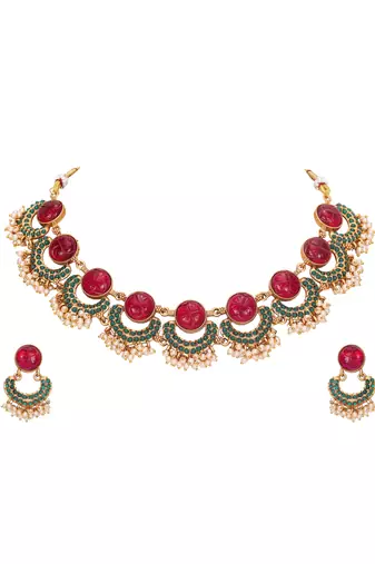 Antique gold-plated carved ruby & green enamel necklace set with pearl drops