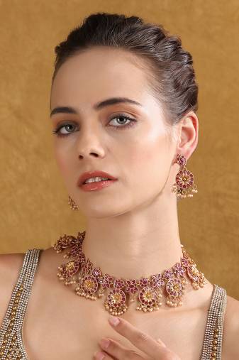 Traditional gold-plated kundan necklace set with pearl drops