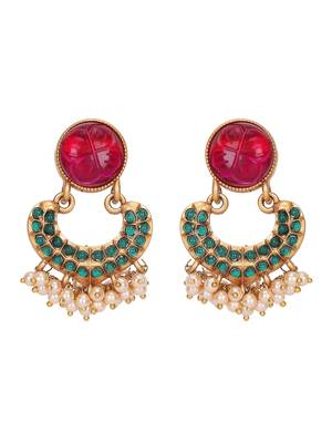 Antique gold-plated carved ruby & green enamel necklace set with pearl drops 5