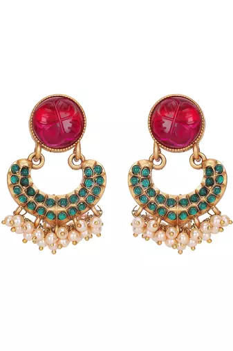 Antique gold-plated carved ruby & green enamel necklace set with pearl drops