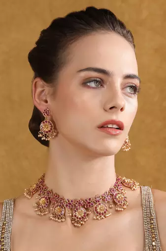 Traditional gold-plated kundan necklace set with pearl drops