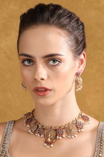 Antique gold-plated temple jewelry necklace set