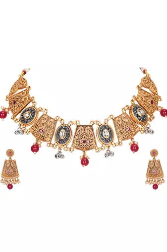 Antique gold-plated temple necklace set with kundan and pearl beads