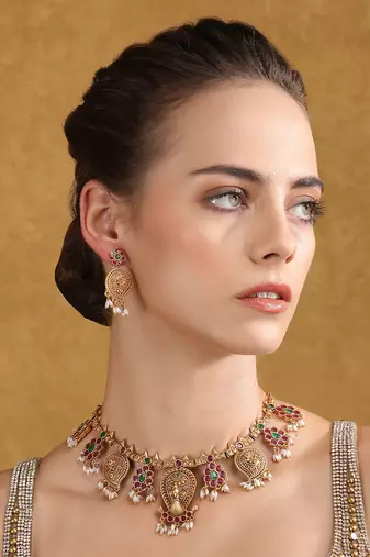 Antique gold-plated temple jewelry necklace set