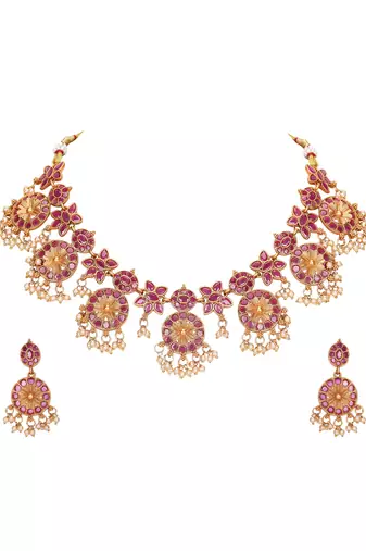 Traditional gold-plated kundan necklace set with pearl drops